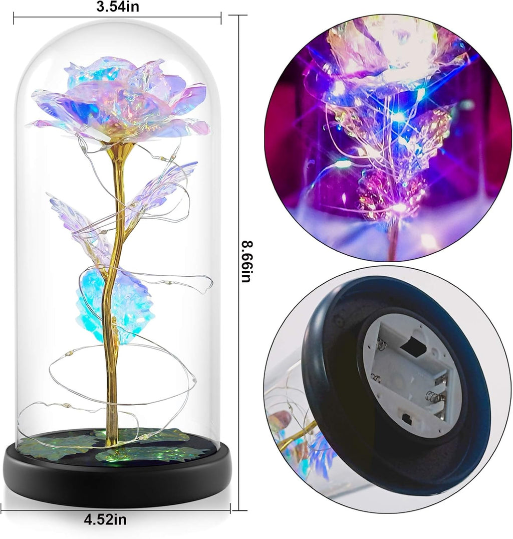 Birthday Gifts for Women, Valentines Day Gifts for Her, Galaxy Flower Rose Gifts for Her Naughty, Glass Rose Valintine Day Gifts for Girlfriend, Wife, Daughters, Rainbow Light up Flower in Glass Dome