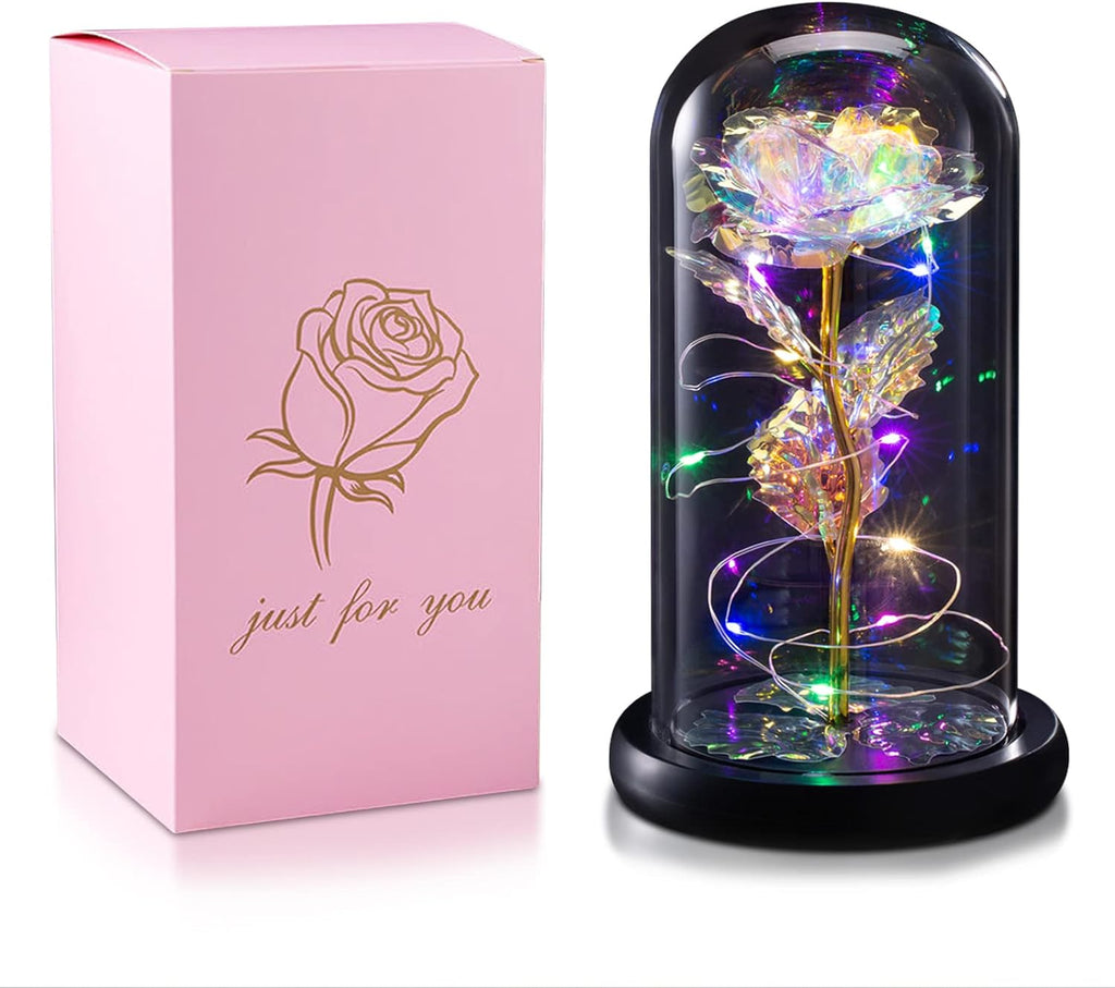 Birthday Gifts for Women, Valentines Day Gifts for Her, Galaxy Flower Rose Gifts for Her Naughty, Glass Rose Valintine Day Gifts for Girlfriend, Wife, Daughters, Rainbow Light up Flower in Glass Dome