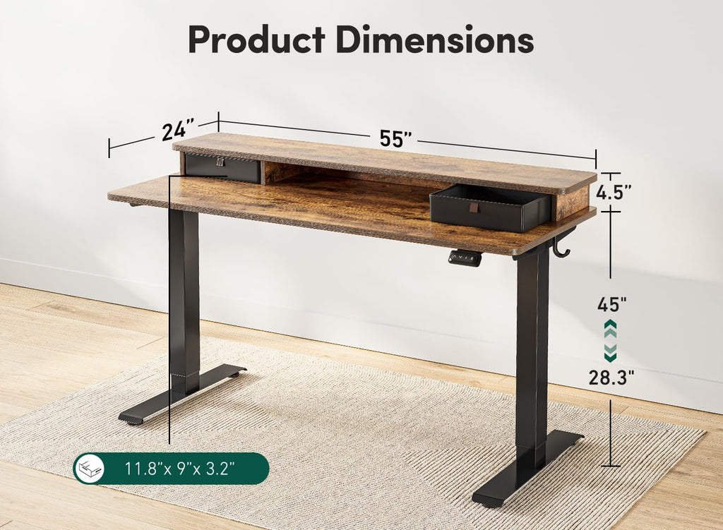 55'' Height Adjustable Electric Standing Desk with Double Drawer, Home Office Computer Desk with 4 Height-Adjustable Feets & 2 Hooks, Rustic Brown