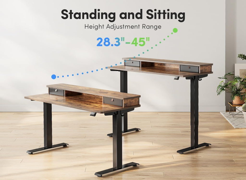 55'' Height Adjustable Electric Standing Desk with Double Drawer, Home Office Computer Desk with 4 Height-Adjustable Feets & 2 Hooks, Rustic Brown